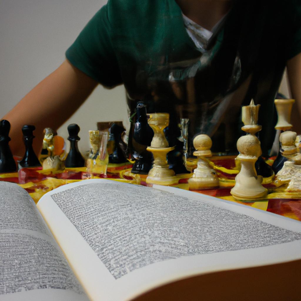 Person playing chess, studying book